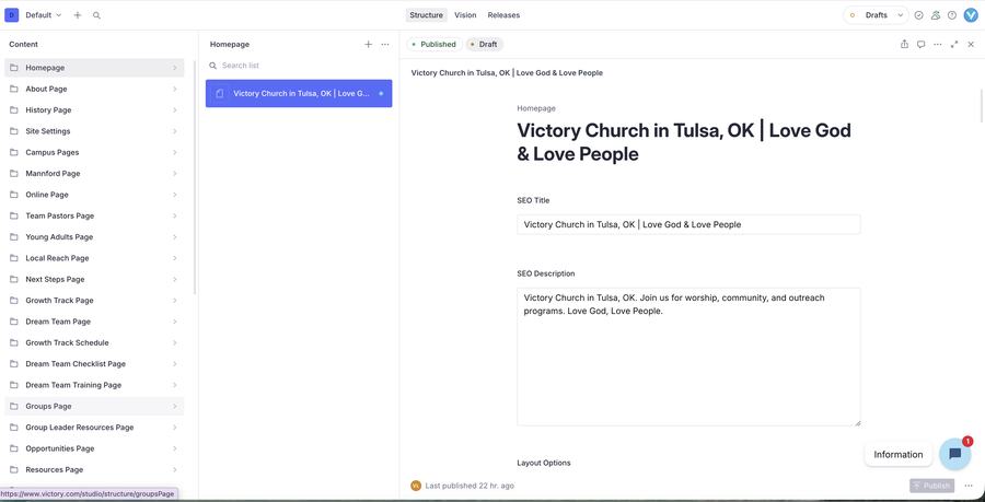 Sanity CMS editing the homepage content
