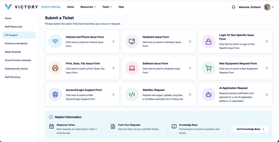 Submit a Ticket support page